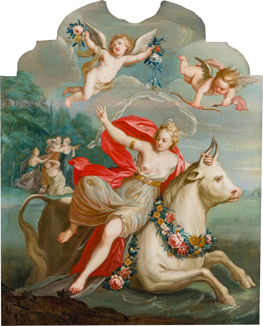 JEAN-FRANCOIS DE TROY (SCHULE / WERKSTATT) | DIE ENTFUeHRUNG EUROPA: JEAN-FRANCOIS DE TROY (SCHOOL / STUDIO) 27 January 1679 Paris - 26 January 1752 Rome THE ABDUCTION OF EUROPA Oil on canvas (relined). 119 x 96 cm (F. 139.5 x 127 cm). Part. min. old rest., part. min. 