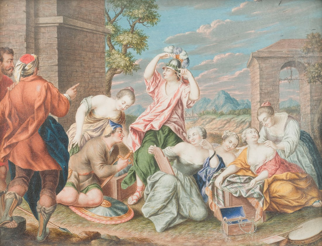 LOUIS-MICHEL VAN LOO (UMKREIS) | ALLEGORIE DER SCHOeNHEIT: CIRCLE OF LOUIS-MICHEL VAN LOO 1707 Toulon - 1771 Paris ALLEGORY OF BEAUTY Polychrome gouache on paper on oak panel. Visible dimensions: 22.5 x 29.5 cm, frame dimensions: 32 x 40.5 cm. Framed behind g