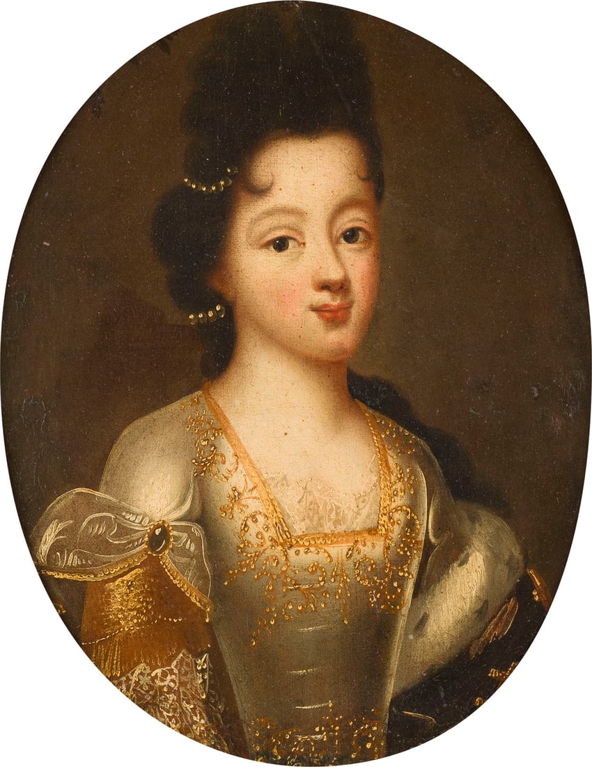 PIERRE GOBERT (UMKREIS) | PORTRAIT EINER DAME, VREMUTLICH EINER FRANZOeSISCHEN PRINZESSIN: PIERRE GOBERT (CIRCLE) 1 January 1662 Fontainebleau - 13 February 1744 Paris PORTRAIT OF A LADY, PROBABLY A FRENCH PRINCESS Oil on canvas (relined). 40 x 32 cm (F. 53 x 45 cm). Part. min. old rest., p