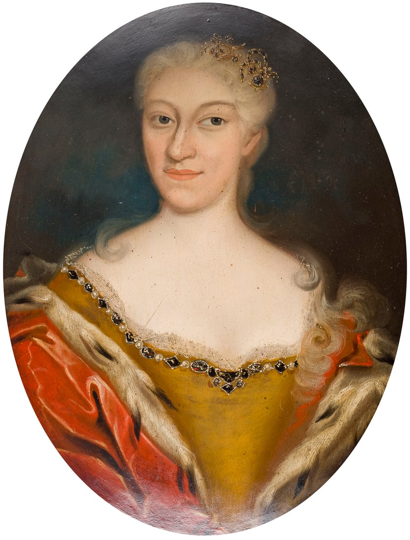 DEUTSCHE SCHULE DES WOHL 17. JH. | PORTRAIT DER GRAeFIN UND FUeRSTIN AEMELIE JULIANE VON: GERMAN SCHOOL, PROBABLY 17TH CENTURY PORTRAIT OF COUNTESS AND PRINCESS AEMELIE JULIANE OF SCHWARZBURG-RUDOLSTADT (OVAL) Oil on copper panel. 45.5 x 35.5 cm. Verso: Inscribed on the reverse of the pane