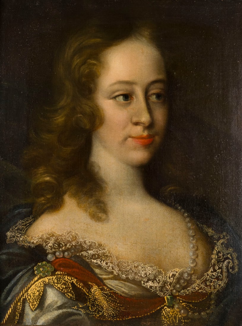 SIR PETER LELY (WOHL WERKSTATT) | PORTRAIT EINER VORNEHMEN JUNGEN DAME: SIR PETER LELY (PROBABLY STUDIO) 14 September 1618 Soest - 30 November 1680 London PORTRAIT OF A YOUNG LADY OF NOBLE RANK Oil on canvas (old relining). 51 x 40 cm (F. 71 x 57 cm). Part. min. old rest.