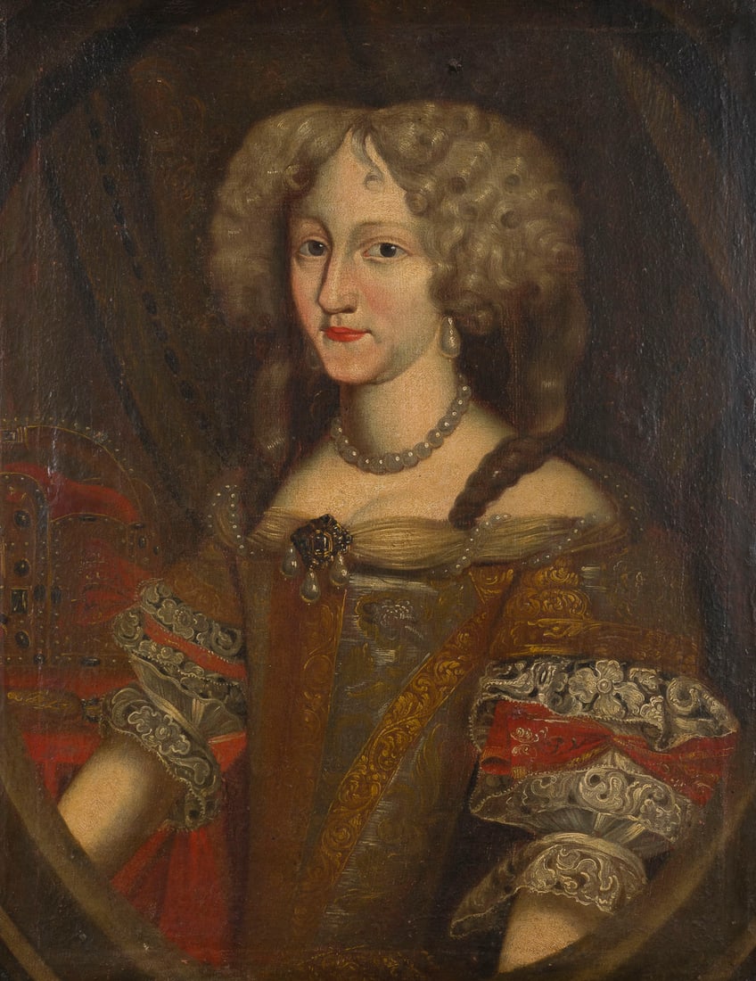 DEUTSCH/OeSTERREICHISCHE SCHULE DES SPAeTEN 17. JH. | BILDNIS DER ELEONORE MAGDALENE THERESE VON: GERMAN/AUSTRIAN SCHOOL, LATE 17TH CENTURY PORTRAIT OF ELEONORE MAGDALENE THERESE OF PALATINATE-NEUBURG Oil on canvas. 78.5 x 60 cm (F. 97 x 79 cm). Part. light old rest., part. min. old retouching. Fr
