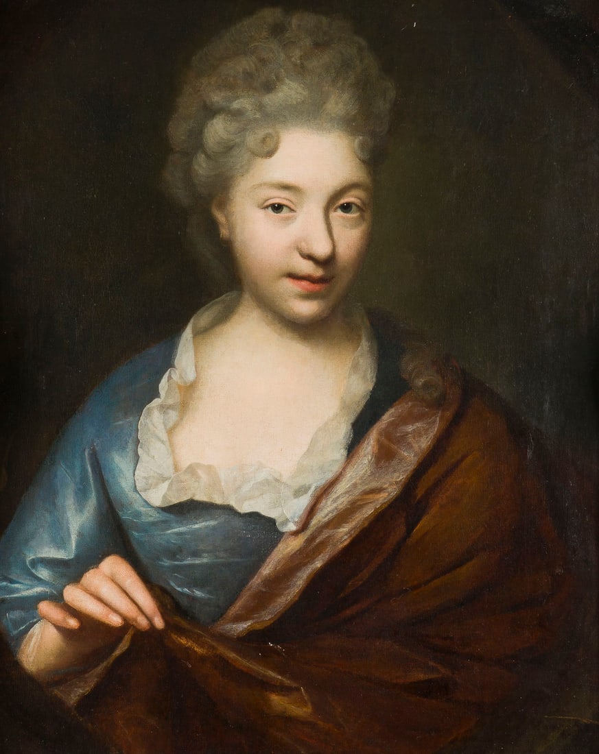 FRANZOeSISCHE SCHULE DES 18. JH. | PORTRAIT EINER DAME: FRENCH SCHOOL OF THE 18TH CENTURY PORTRAIT OF A LADY Oil on canvas (relined). 70 x 56.5 cm (F. 87 x 73 cm). Part. min. old rest., part. min. old retouching. Frame. Provenance: Rhenish private collecti
