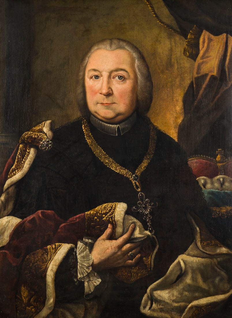 JOHANN ANDREAS HERRLEIN (ATTR.) | PORTRAIT DES FUeRSTBISCHOFS HEINRICH VON BIBRA: ATTRIBUTED TO JOHANN ANDREAS HERRLEIN 1723 Muennerstadt - 1796 Fulda PORTRAIT OF PRINCE-BISHOP HEINRICH VON BIBRA Oil on canvas. 84 x 63 cm (F. 94 x 72.5 cm). Part. min. old rest., part. min. old reto
