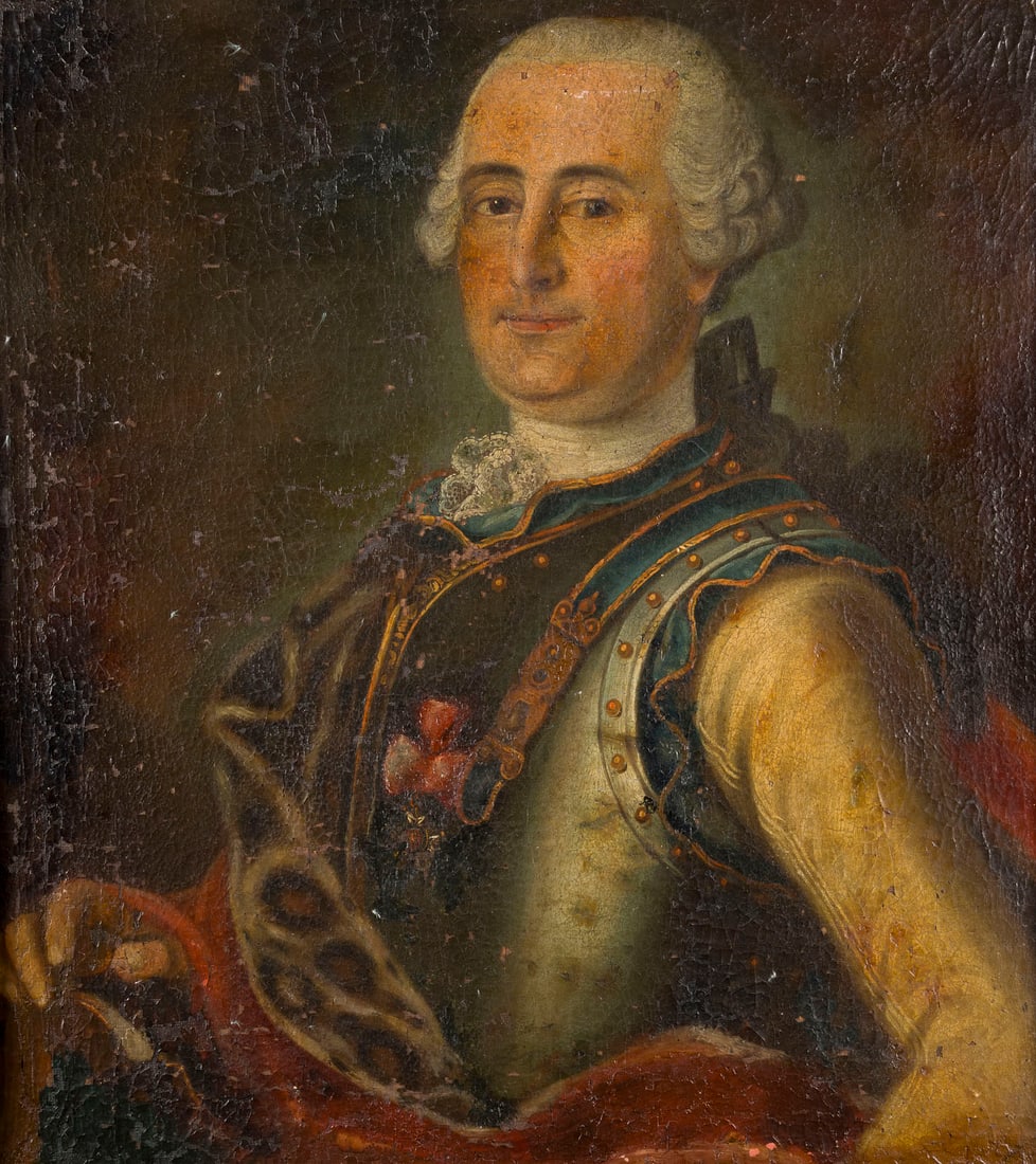 FRANZOeSISCHE SCHULE DES 18. JH. | PORTRAIT DES KOeNIG LOUIS XV VAN MAURICE-QUENTIN DE LA TOUR: FRENCH SCHOOL OF THE 18TH CENTURY PORTRAIT OF KING LOUIS XV VAN MAURICE-QUENTIN DE LA TOUR Oil on canvas. 62.5 x 56.5 cm (F. 79 x 60.5 cm). Part. min. old rest., min. old retouching, craquelure, losse