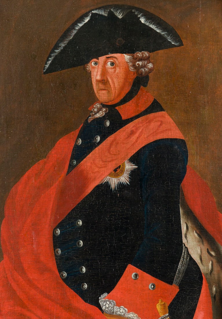 DEUTSCHE SCHULE DES 18. JH. | PORTRAIT DES KOeNIGS FRIEDRICH II. VON PREUSSEN: GERMAN SCHOOL OF THE 18TH CENTURY PORTRAIT OF KING FREDERICK II OF PRUSSIA Oil on canvas. 83.5 x 67 cm (F. 91 x 73 cm). Part. min. old rest., min. old retouching, min. craquelure. Frame. Provenance: S