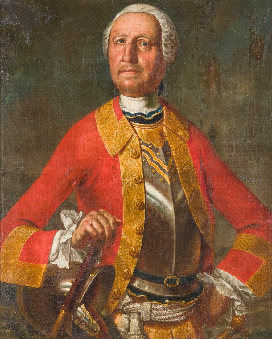 DEUTSCHE SCHULE DES SPAeTEN 18. JH. | BIDNIS DES BARON JOACHIM FRIEDRICH GOTTHELF VON ZEZSCHWITZ: GERMAN SCHOOL OF THE LATE 18TH CENTURY PORTRAIT OF BARON JOACHIM FRIEDRICH GOTTHELF VON ZEZSCHWITZ Oil on canvas. 83 x 67 cm (F. 104.5 x 89.5 cm). Verso: Inscribed on the reverse of the canvas: '[...]