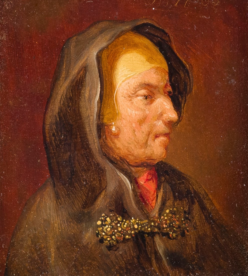 NIEDERLAeNDISCH/FLAeMISCHE SCHULE DES 17. JH. | MINIATURPORTRAIT EINER ALTEN DAME MIT KAPUZE UND: DUTCH / FLEMISH SCHOOL OF THE 17TH CENTURY MINIATURE PORTRAIT OF AN ELDERLY LADY WITH HOOD AND BROOCH Oil on panel. 6.5 x 5 cm (F. 18.5 x 18 cm). Part. light old rest., part. min. old retouching. Fram