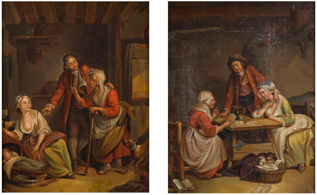 FRANZOeSISCHE SCHULE, UM 1750 | PAAR GEMAeLDE: FAMILIE BEIM KARTENSPIELEN / DIE PRAeSENTATION DES (1 of 3)