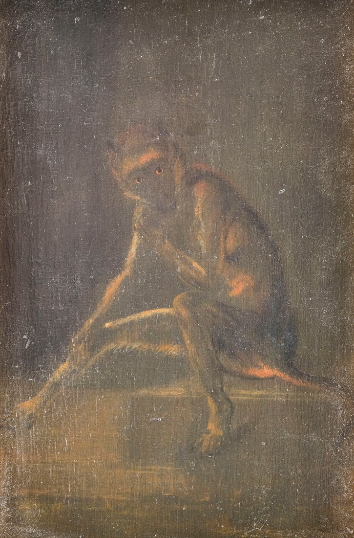 DAVID TENIERS DER JUeNGERE (WERKSTATT/SCHULE) | PORTRAITSTUDIE EINES AFFEN: WORKHOP OR SCHOOL OF DAVID TENIERS THE YOUNGER 1610 Antwerp - 1690 Brussels PORTRAIT STUDY OF A MONKEY Oil on oak panel. 21 x 14.5 cm (R. 22.5 x 30 cm). Verso: Attribution to Elias Vonck on an old pap
