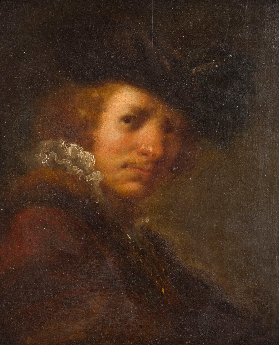 REMBRANDT HARMENSZ. VAN RIJN (WAHRSCHEINLICH WERKSTATT ODER SCHULE) | MOeGLICHERWEISE SELBSTBILDNIS: REMBRANDT HARMENSZ. VAN RIJN (PROBABLY WORKSHOP OR SCHOOL) 1609 Leiden - 1669 Amsterdam POSSIBLY SELF-PORTRAIT AS A YOUNG MAN Oil on oak panel. 21.5 x 17.5 cm (F. 34.5 x 31 cm). Part. min. old rest., 