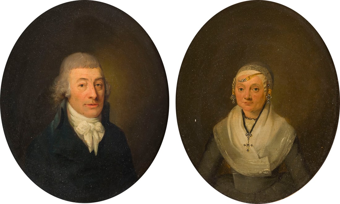 NIEDERLAeNDISCH/FLAeMISCHE SCHULE DES 18. JH. | GEMAeLDEPAAR EINES EHEPAARS: DUTCH/FLEMISH SCHOOL OF THE 18TH CENTURY PAIR OF PAINTINGS OF A MARRIED COUPLE Oil on oak panel. Both: 25.5 x 20.5 cm (F. 42.5 x 38 cm). Portrait of the gentleman signed and dated ''B. Schitz 1796'' a