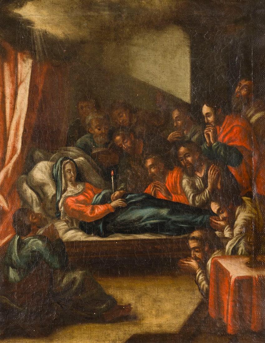 ITALIENISCHE SCHULE, UM 1700 | DER TOD DER JUNGFRAU: ITALIAN SCHOOL, AROUND 1700 THE DEATH OF THE VIRGIN Oil on canvas (relined). 45 x 35.5 cm (F. 57.5 x 48.5 cm). Part. min. old rest., part. min. old retouching, min. soiled surface. Frame. Provenance: 