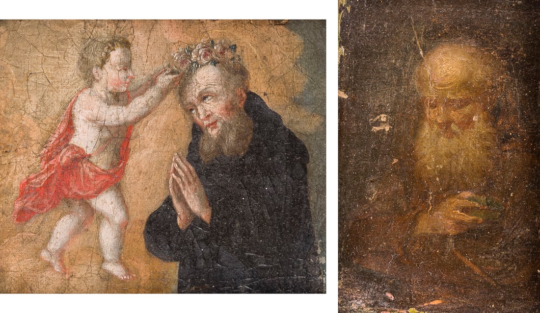 ALPENLAeNDISCH/OBERITLALIENISCHE SCHULE, UM 1700 | EIN PAAR GEMAeLDE: DIE VISION DES HEILIGEN: ALPINE/NORTH ITALIAN SCHOOL, AROUND 1700 A PAIR OF PAINTINGS: THE VISION OF SAINT ANTHONY OF PADUA / PORTRAIT OF A CLERIC The former: Oil on canvas laid on wood, the latter: Oil on cardboard laid on w