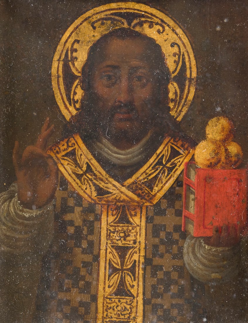 | HEILIGER NIKOLAUS: HEILIGER NIKOLAUS Oel auf Kupfertafel. Sichtmass: 10 x 7,5 cm, Rahmenmass: 11,5 x 9 cm. Part. min. Altretuschen. Hinter Glas gerahmt. Provenienz: Privatsammlung, Berlin.HEILIGER NIKOLAUSOel auf Kupfer