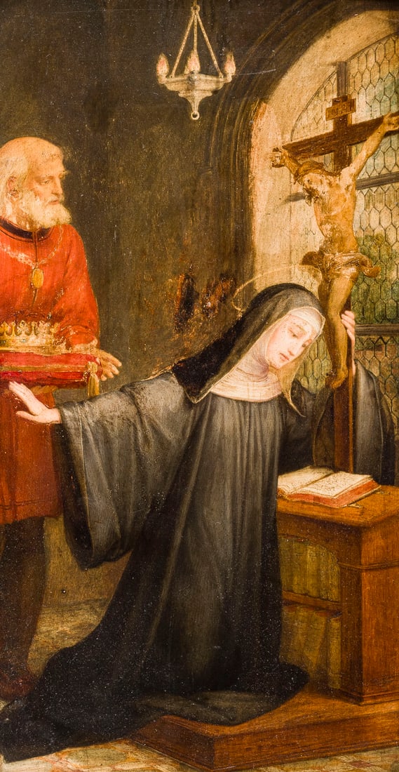 ITALIENISCHE SCHULE DES 18. JH. | DIE NONNE AM KRUZIFIX: ITALIAN SCHOOL OF THE 18TH CENTURY THE NUN AT THE CRUCIFIX Oil on panel. 45.5 x 24 cm (F. 58.5 x 37 cm). Inscribed lower right: 'Roma S.L. OLDATIC S.i.F.'. Verso: Two inset battens on the reverse; pro