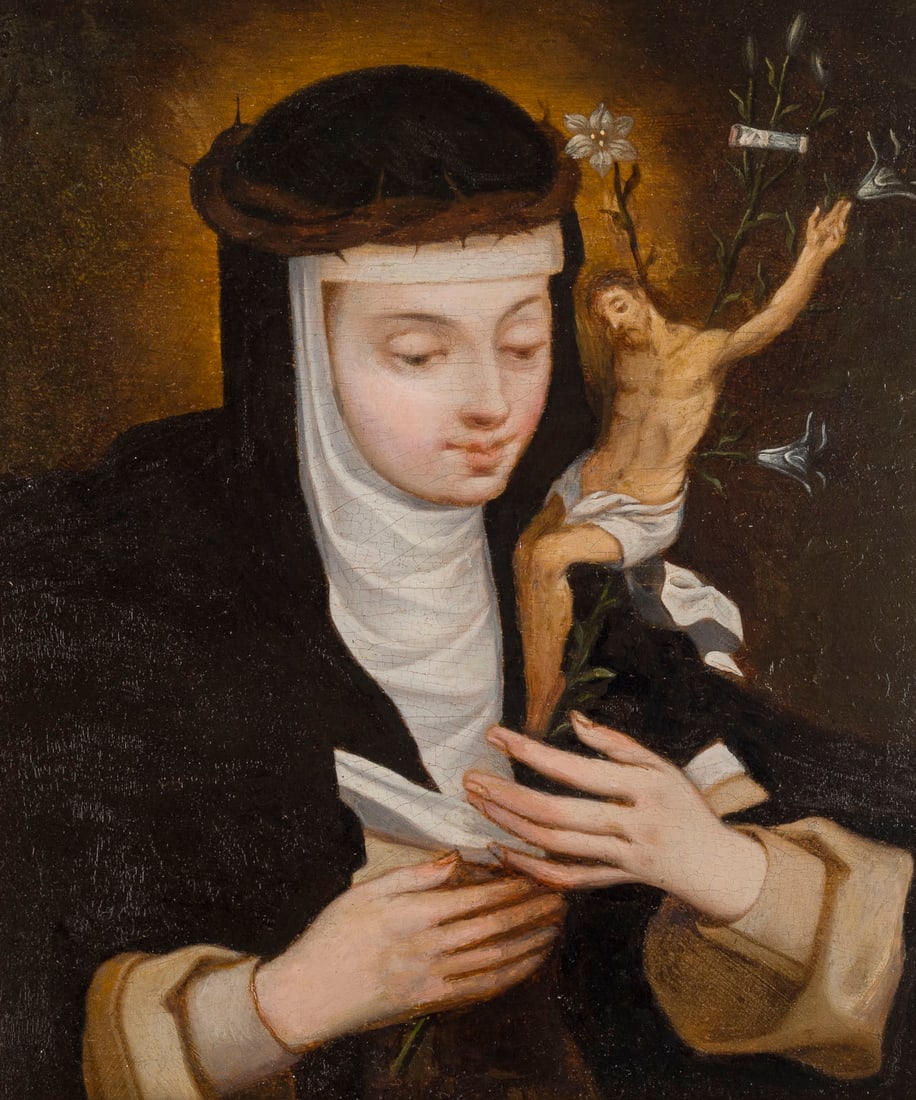 DEUTSCH-NIEDERLAeNDISCHE SCHULE, UM 1700 | HEILIGE KATHARINA VON SIENA: GERMAN-DUTCH SCHOOL, AROUND 1700 SAINT CATHERINE OF SIENA Oil on oak panel. 22.5 x 20 cm (F. 32.5 x 29.5 cm). Verso: Old wax seal on the reverse of the panel (unidentified). Part. min. rest., min. old