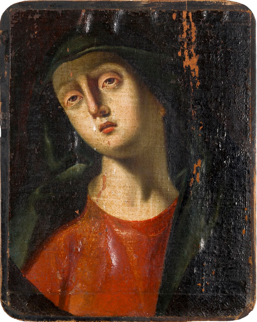 SUeDDEUTSCH / ALPENLAeNDISCHE SCHULE DES 17. JH. | MATER DOLOROSA (SCHMERZENSMUTTER): SOUTH GERMAN / ALPINE SCHOOL OF THE 17TH CENTURY MATER DOLOROSA (THE SORROWFUL MOTHER) Oil on canvas laid on panel. 25 x 20 cm. Part. old rest., min. old retouching, part. losses of paint, dam. Proven