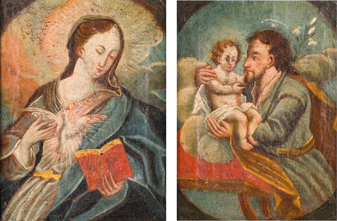ALPENLAeNDISCHE SCHULE, UM 1700 | EIN PAAR GEMAeLDE: HEILIGE JUNGFRAU MARIA / HEILIGER JOSF MIT DEM: ALPINE SCHOOL, AROUND 1700 A PAIR OF PAINTINGS: THE VIRGIN MARY / SAINT JOSEPH WITH THE CHRIST CHILD Both: Oil on canvas. Each: 26.5 x 20 cm (F. 28.5 x 22 cm). Pronounced age-related signs of wear. Fr