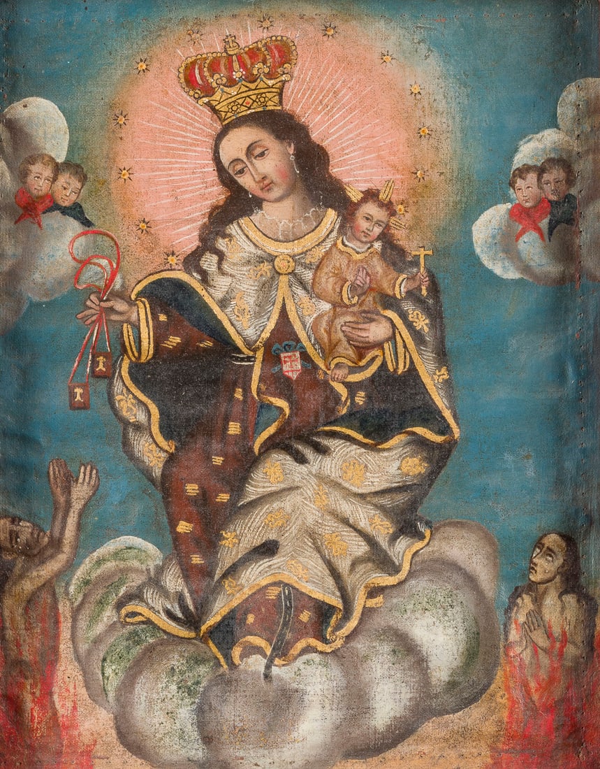SUeDAMERIKANISCHE SCHULE, UM 1700 | DIE JUNGFRAU VOM BERGE KARMEL: SOUTH AMERICAN SCHOOL, AROUND 1700 OUR LADY OF MOUNT CARMEL Oil on canvas laid down on cardboard. 23 x 18.5 cm (F. 29.5 x 25 cm). Strongly warped and slightly soiled surface. Frame. Provenance: Privat
