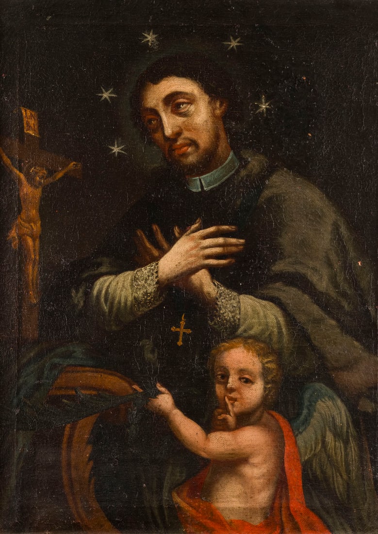 SUeDDEUTSCH / OBERITALIENSICHE SCHULE DES 18. JH. | DER HEILIGE JOHANNES VON NEPOMUK MIT PUTTO: SOUTH GERMAN / NORTHERN ITALIAN SCHOOL OF THE 18TH CENTURY SAINT JOHN OF NEPOMUK WITH PUTTO Oil on canvas. 56.5 x 44 cm (F. 63 x 50 cm). Part. min. old rest., part. min. old retouching, soiled surface