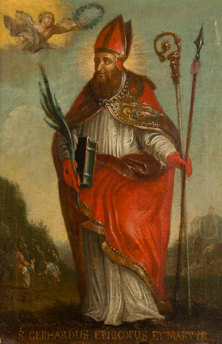 SUeDDEUTSCHE / ALPENLAeNDISCHE SCHULE 18. JH. | DER HEILIGE GEBHARD VON KONSTANZ: SOUTH GERMAN / ALPINE SCHOOL OF THE 18TH CENTURY SAINT GEBHARD OF CONSTANCE Oil on canvas (relined). 43 x 29 cm (F. 50 x 36.5 cm). Min. old rest., part. min. old retouching. Frame. Provenance: Private