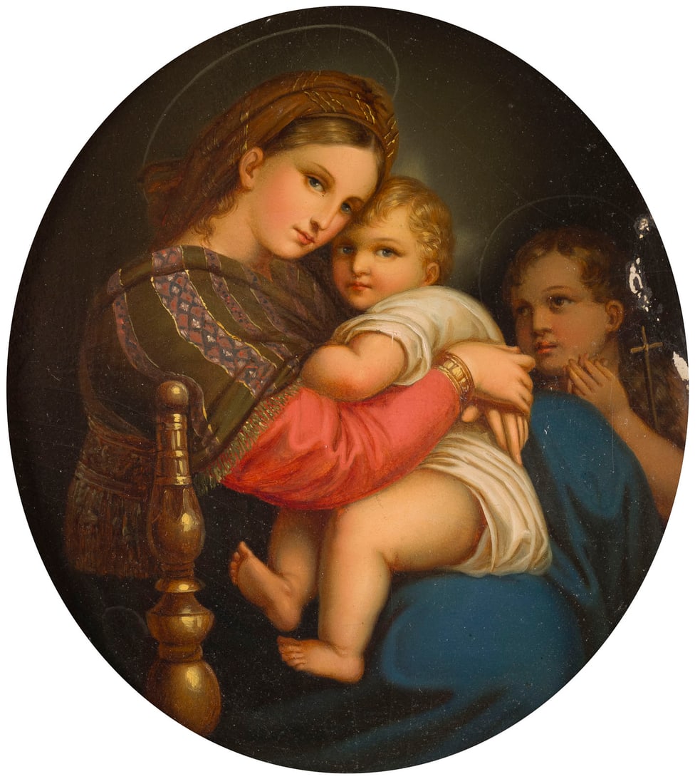 RAFFAELLO SANZIO DA URBINO (RAFFAEL) (NACHFOLGER DES 19. JH.) | MADONNA DELLA SEGGIOLA / MADONNA IM: RAFFAELLO SANZIO DA URBINO (RAPHAEL) (FOLLOWER OF THE 19TH CENTURY) 1483 Urbino - 1520 Rome MADONNA DELLA SEGGIOLA / MADONNA IN THE CHAIR (TONDO) Oil on panel. Visible size: 25 x 22.5 cm; frame size: 