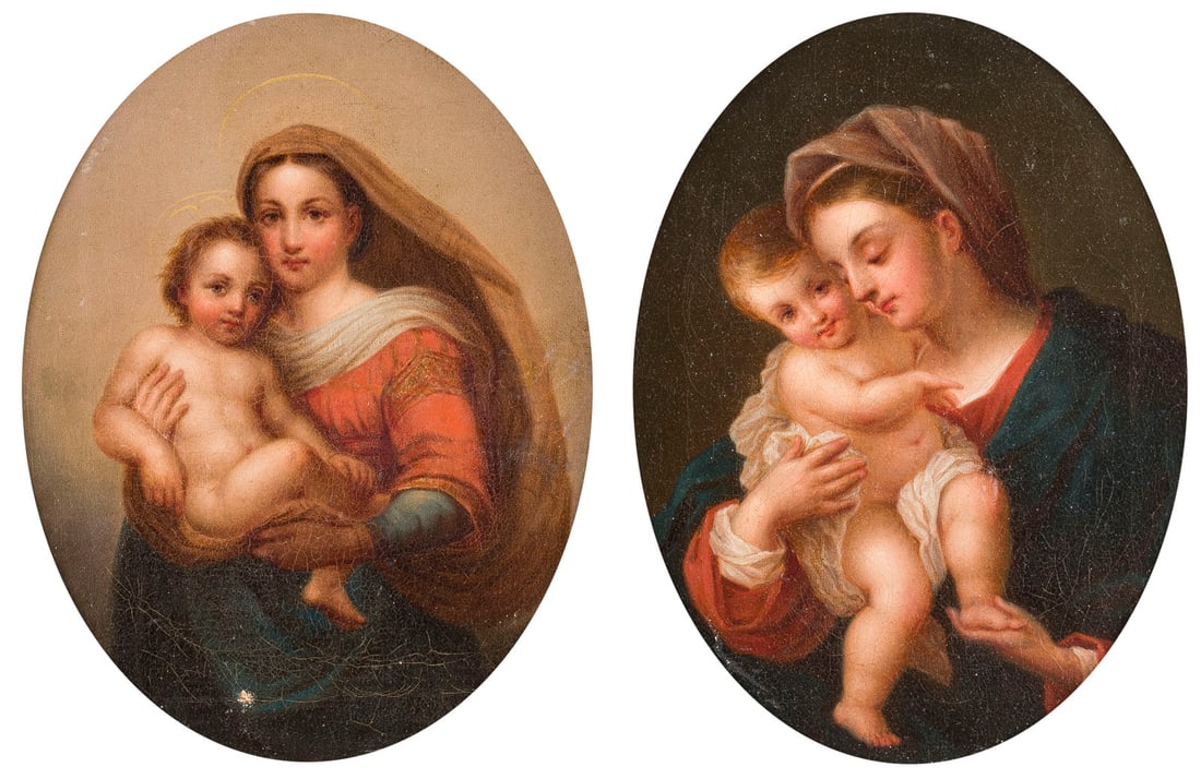 RAFAELLO SANZIO DA URBINO (NACHFOLGER DES 18./19. JH.) | EIN PAAR GEMAeLDE: SIXTINISCHE MADONNA MIT: RAFAELLO SANZIO DA URBINO (FOLLOWER OF THE 18TH/19TH CENTURY) 1483 Urbino - 1520 Rome A PAIR OF PAINTINGS: SISTINE MADONNA WITH CHILD / MADONNA AND THE CHRIST CHILD Both: Oil on canvas. Each: 23.5 x 1