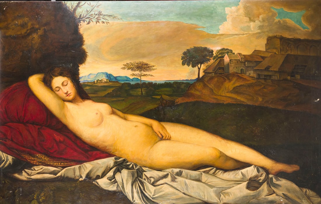 TIZIAN (EIGENTLICH: TIZIANO VECELLIO) (NACHFOLGER DES 19.JH.) | SCHLUMMERNDE VENUS: TIZIAN (ACTUALLY: TIZIANO VECELLIO) (FOLLOWER OF THE 19TH CENTURY) Around 1488 Pieve di Cadore - 1576 Venice SLEEPING VENUS Oil on canvas. 109.5 x 175.5 cm. Part. min. rest., part. min. retouching, so