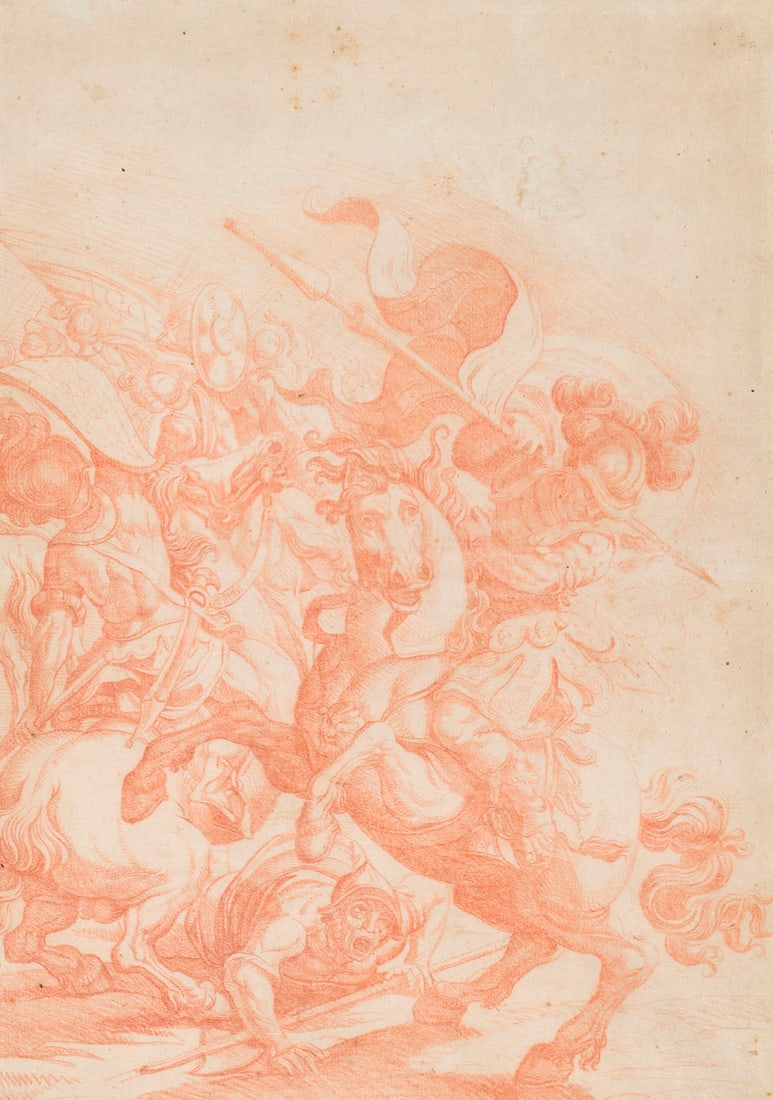 ITALIENISCHE SCHULE DES 16. JH. IM UMKREIS VON GIORGIO VASARI | REITERKAMPF IN MANIERISTISCHER, STAR: ITALIAN SCHOOL OF THE 16TH CENTURY IN THE CIRCLE OF GIORGIO VASARI 30 July 1511 Arezzo - 27 June 1574 Florence HORSEBATTLE IN MANIERISTIC, STRONGLY MOVED FIGURE AND HORSE COMPOSITION Red chalk on