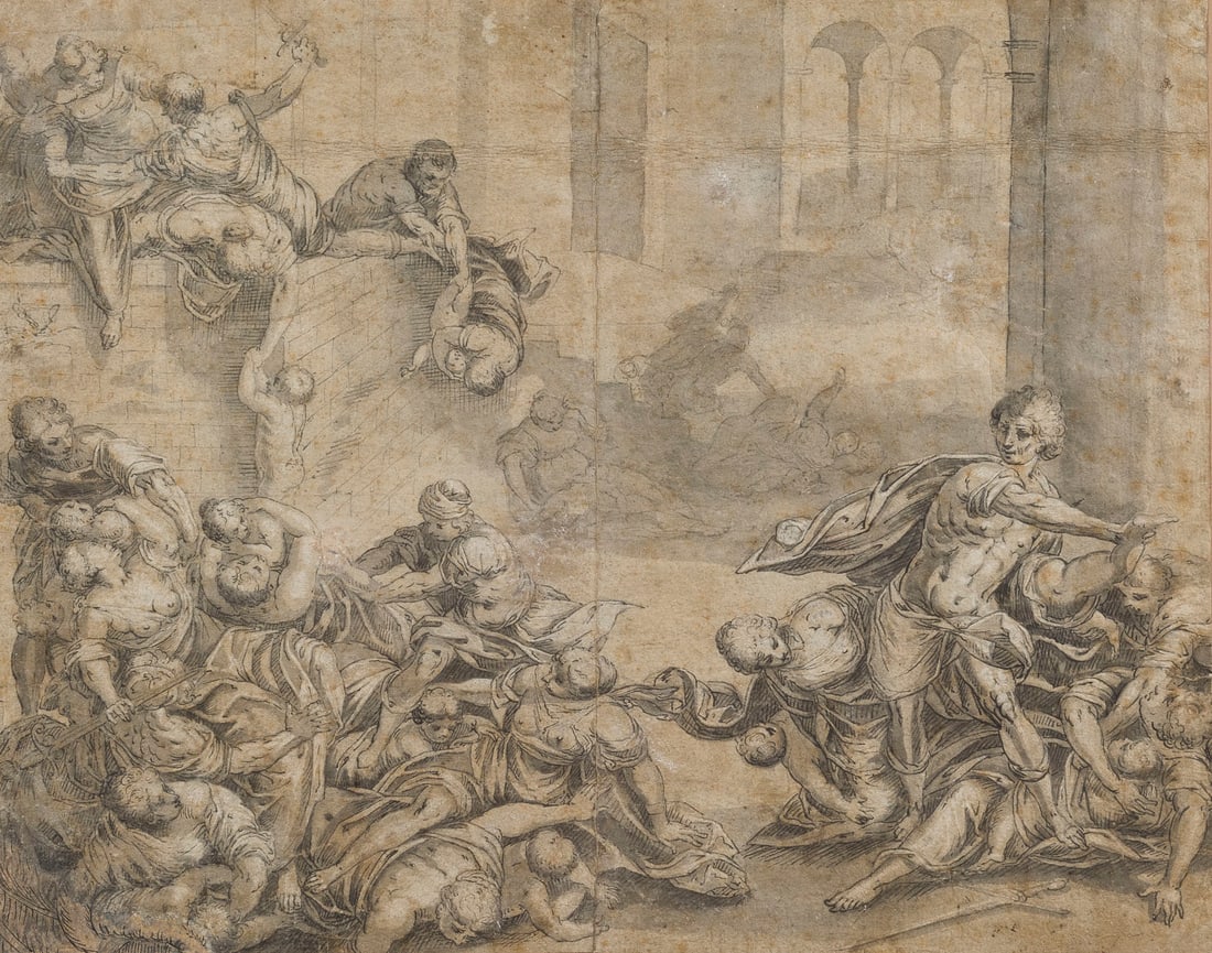 GIULIO ROMANO (UMKREIS) | DER BETHLEHEMITISCHE KINDERMORD: GIULIO ROMANO (CIRCLE) 1499 Rom - 1546 Mantua THE MASSACRE OF THE INNOCENTS Pen in black, grey wash, heightened with white, on paper. Sheet size: 30 x 38 cm, frame size: 42 x 48.5 cm. Age-related