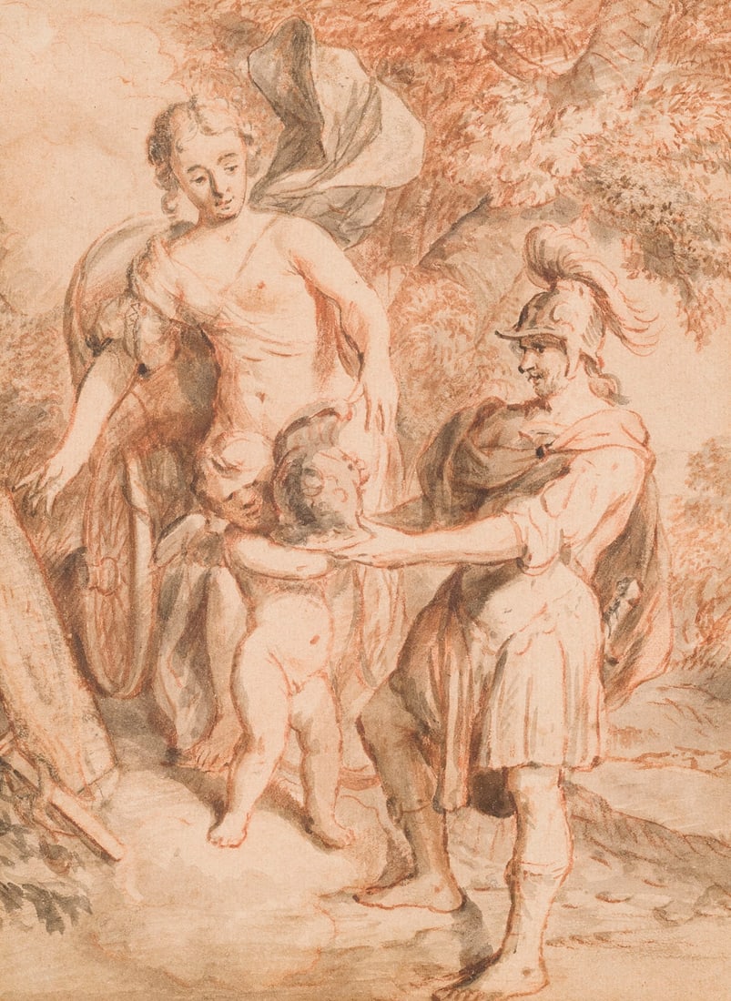 FRANZOeSISCHE SCHULE DES 18. JH. | ALLEGORIE DER WEISHEIT UND DES KRIEGES: FRENCH SCHOOL, 18TH CENTURY ALLEGORY OF WISDOM AND WAR Pen and brush in brown and grey, grey wash, on buff laid paper. Sheet size: 19 x 14 cm, frame size: 40 x 34 cm. Matted and framed under glass