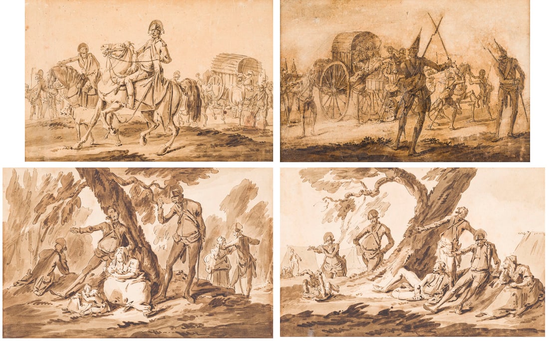 GEORG PHILIPP I RUGENDAS (ATTR.) | FUeNF ZEICHNUNGEN MIT REITER- UND MILITAeRSTUDIEN: ATTRIBUTED TO GEORG PHILIPP I RUGENDA 1666 Augsburg - 1742 ibid. FIVE DRAWINGS WITH EQUESTRIAN AND MILITARY STUDIES All: Pen and brush in brown and black, partly grey wash, on laid paper; one: part.