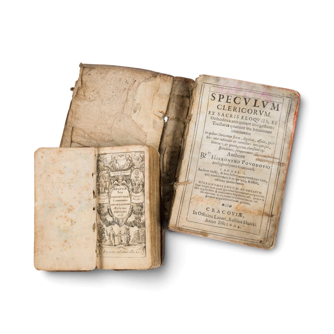 | ZWEI THEOLOGISCHE SCHRIFTEN: TWO THEOLOGICAL WRITINGS 17th century 2 volumes, leather binding. 12.5x6.5x1.5cm / 16x11x2.5cm. Part. dam., browned, stained; not checked for completeness. 1) Saint Vincent de Paul, ''Regulae Seu
