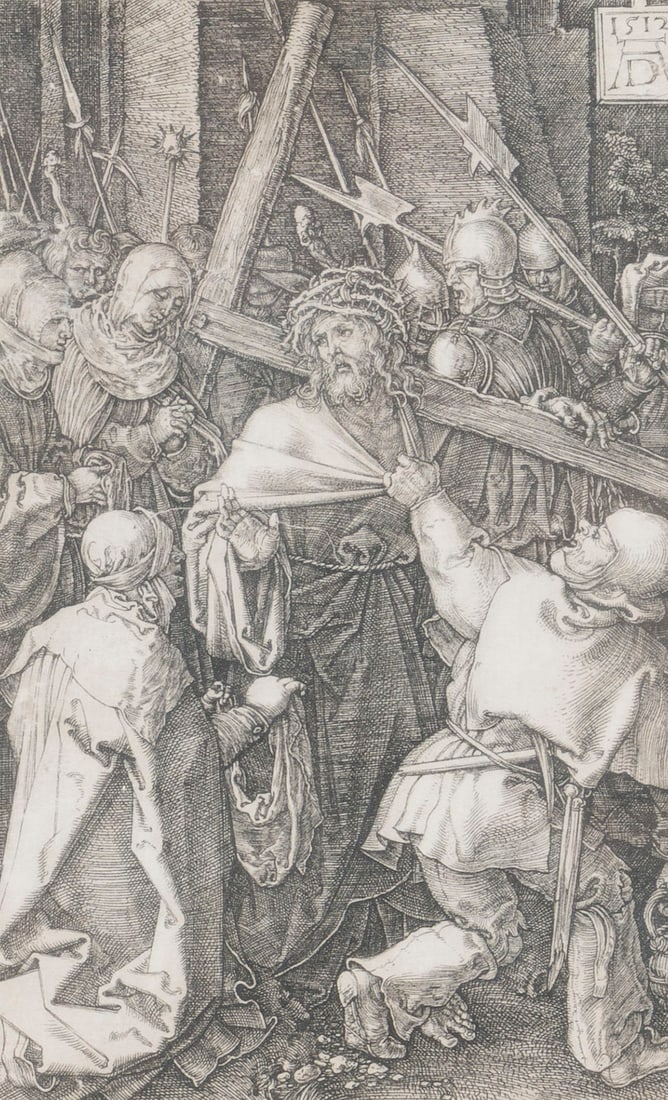 ALBRECHT DUeRER | 'DIE KREUZTRAGUNG': ALBRECHT DUeRER 1471 Nuremberg - 1528 ibid. 'THE CARRYING OF THE CROSS' Engraving on paper, laid down on laid paper. Print size 11.5 x 7.5 cm (Frame: 32 x 27 x 2 cm). Inscribed '1512 AD' in the