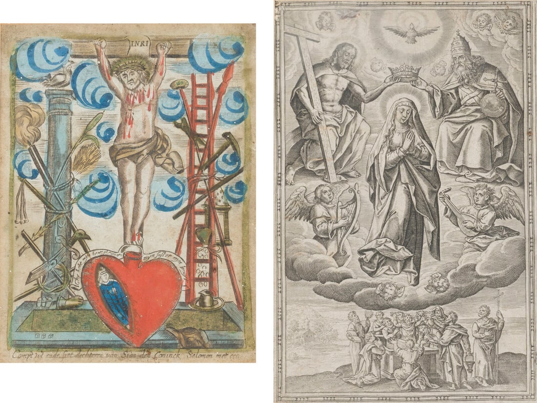 | ZWEI GRAFIKEN: 'ARMA CHRISTI' UND 'MARIENKROeNUNG': TWO PRINTS: 'ARMA CHRISTI' AND 'CORONATION OF THE VIRGIN' 17th and 18th centuries Engraving, partially hand-colored, on paper. Image sizes 13 x 10 cm / 15.5 x 10 cm (frame approx. 25 x 19 x 2 cm). Min