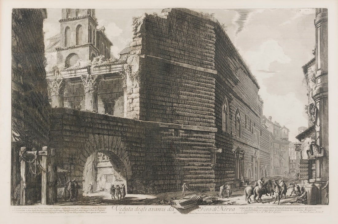 GIOVANNI BATTISTA PIRANESI | 'VEDUTA DEGLI AVANZI DEL FORO NERVA': GIOVANNI BATTISTA PIRANESI 1720 Venice - 1778 Rome 'VEDUTA DEGLI AVANZI DEL FORO NERVA' Etching on paper. Print size 40.5 x 62 cm (framed 69.5 x 96 x 2.5 cm). Inscribed in the plate at lower right: 'G
