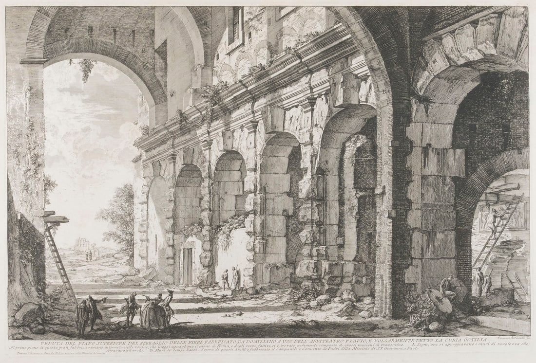 GIOVANNI BATTISTA PIRANESI | 'VEDUTA DEL PIANO SUPERIORE DE SERRAGLIO DELLE FIERE FABBRICATO DA DOMI: GIOVANNI BATTISTA PIRANESI 1720 Venice - 1778 Rome 'VEDUTA DEL PIANO SUPERIORE DE SERRAGLIO DELLE FIERE FABBRICATO DA DOMIZIANO A USO DELL'AFITEATRO FLAVIO' Etching on paper. Print size 40 x 60.5 cm (