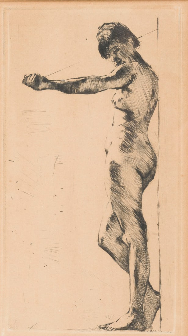 LESSER URY | 'STEHENDER, AN EINE WAND GELEHNTER WEIBICHER AKT' (UM 1920): LESSER URY 1861 Birnbaum/Posen - 1931 Berlin 'STANDING FEMALE NUDE LEANING AGAINST A WALL' (c. 1920) Drypoint etching on paper. Print size 22 x 12 cm (framed: 35.5 x 24.5 x 1.5 cm). Hand-signed 'Lesse