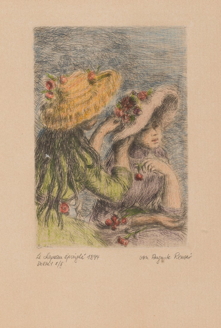 PIERRE-AUGUSTE RENOIR (NACH) | 'LE CHAPEAU EPINGLE': PIERRE-AUGUSTE RENOIR (AFTER) 1841 Limoges - 1919 Cagnes-sur-Mer 'LE CHAPEAU EPINGLE' Etching, colored, on paper; posthumous print. Image size 11.5 x 8 cm (framed 40.5 x 30.5 x 2 cm). Inscribed 'Renoi