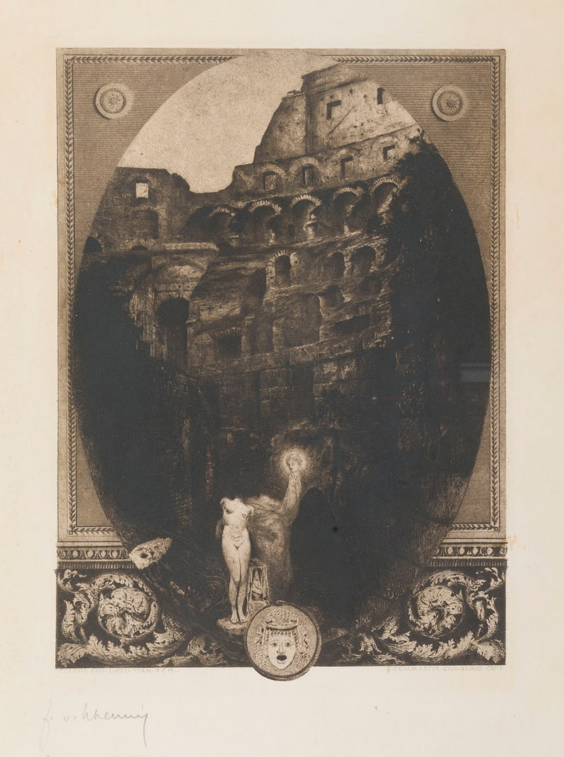 FRIEDRICH VON SCHENNIS | 'ANSICHT DES COLOSSEUMS MIT DEM GEIST EINER ANTIKEN VENUS, IHREN KOPF IN EI: FRIEDRICH VON SCHENNIS 1852 Elberfeld - 1918 Charlottenburg 'VIEW OF THE COLOSSEUM WITH THE SPIRITE OF AN ANCIENT VENUS, HOLDING HER HEAD IN ONE HAND' (1897) Etching with brown aquatint on paper. Visi
