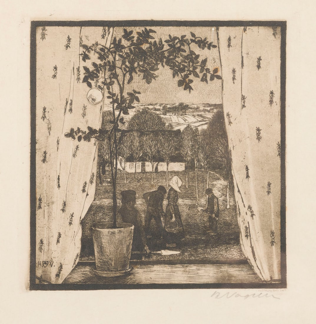 HEINRICH VOGELER | 'VOR FEIERABEND' (1899): HEINRICH VOGELER 1872 Bremen - 1942 Karaganda/Kazakhstan 'VOR FEIERABEND' (1899) Etching with aquatint on wove paper. Visible size 26 x 24 cm, print size 15 x 14.5 cm (frame 27.5 x 25.5 x 1.5 cm). Han
