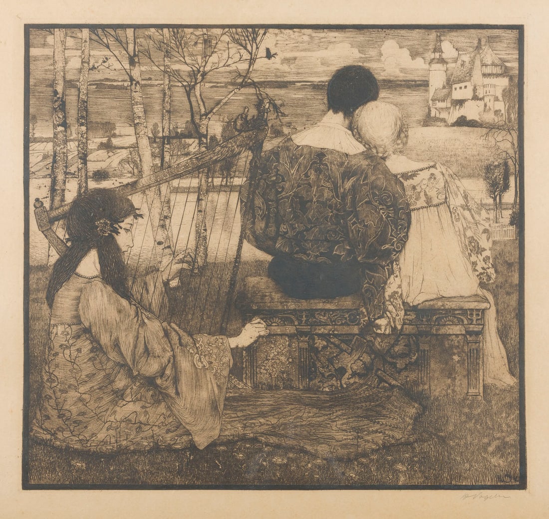 HEINRICH VOGELER | 'LIEBE' (1936): HEINRICH VOGELER 1872 Bremen - 1942 Karaganda/Kazakhstan 'LOVE' (1936) Etching on wove paper, mounted or laminated onto paper. Sheet size 38.5 x 41 cm, print size 34 x 36.5 cm (frame 53 x 53.5 x 1.5 c