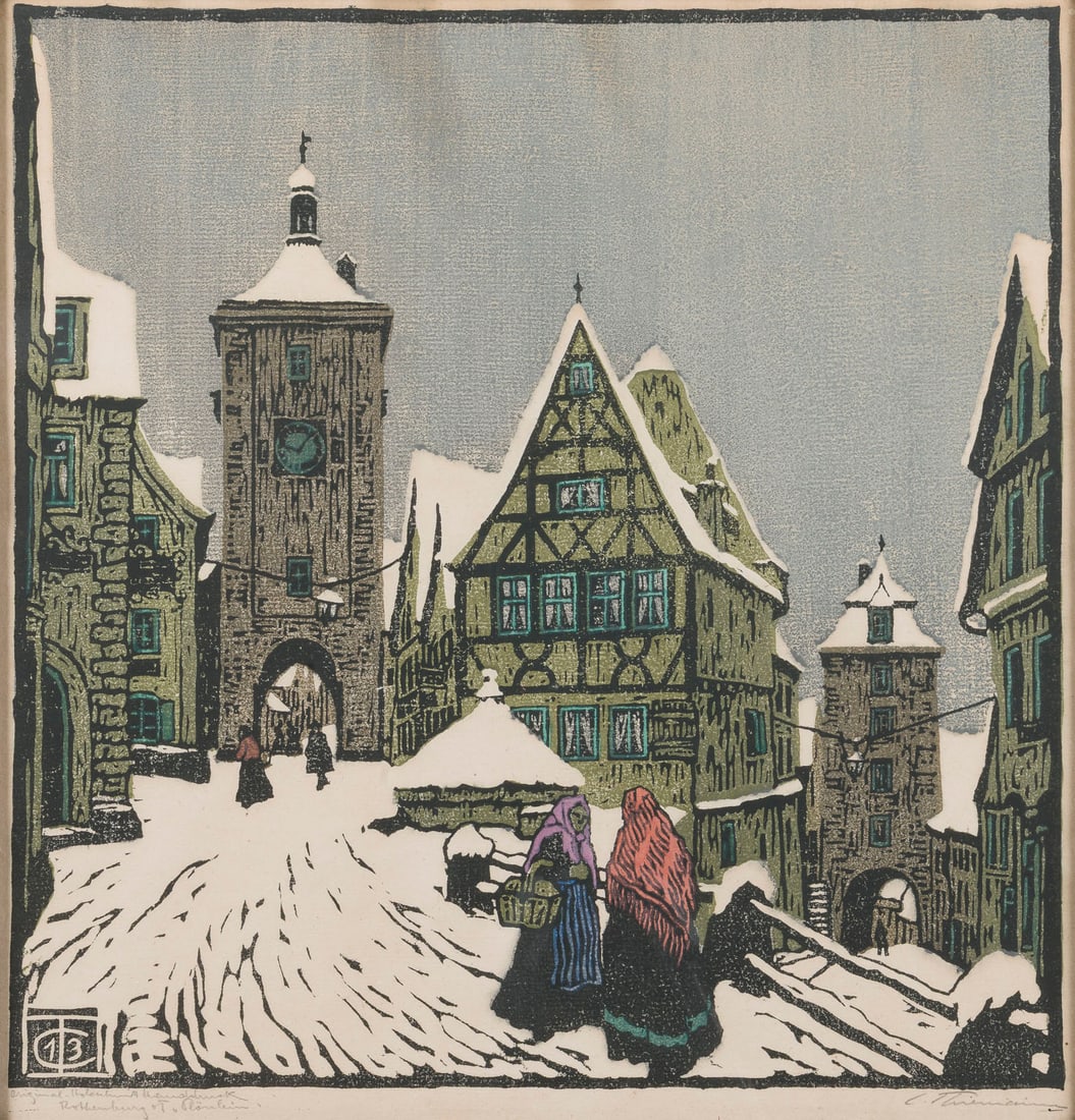 CARL THEODOR THIEMANN | ROTHENBURG O.T. - PLOeNLEIN (1913): CARL THEODOR THIEMANN 1881 Karlsbad - 1966 Hebertshausen ''ROTHENBURG O.T. - PLOeNLEIN'' (1913) Hand-colored woodcut on paper. Visible size 43 x 41.5 cm (framed 48.5 x 46.5 x 2 cm). Hand-signed 'C. Th