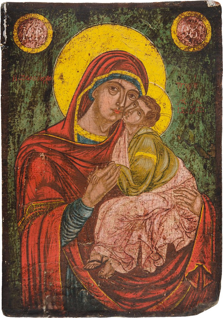 GOTTESMUTTER GLYKOPHILOUSA: GOTTESMUTTER GLYKOPHILOUSA Holzbrett. Tempera auf Kreidegrund. Partiell besch. und rest., 34 cm x 24 cm. Griechenland, um 1800. MOTHER OF GOD GLYKOPHILOUSA Wood, tempera on gesso ground. Partially dam