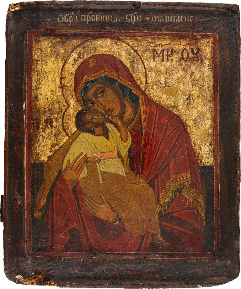 GOTTESMUTTER GLYKOPHILOUSA: GOTTESMUTTER GLYKOPHILOUSA Holzbrett, Tempera auf Kreidegrund, Hintergrund vergoldet, doppeltes Kovtscheg. Malerei stark rest., 31 cm x 26 cm. Russland, 20. Jh. MOTHER OF GOD 'GLYKOPHILOUSA' Wood, tem