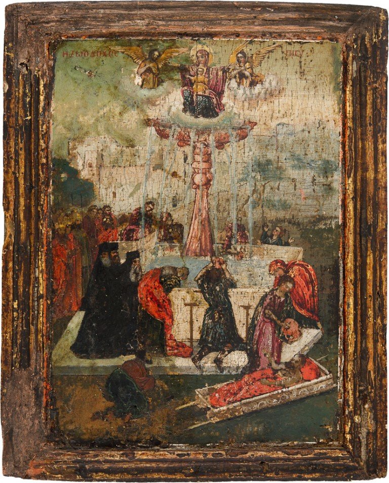 GOTTESMUTTER 'LEBENSSPENDENDE QUELLE': GOTTESMUTTER 'LEBENSSPENDENDE QUELLE' Massives Laubholzbrett, Tempera auf Kreidegrund, teils mit Reste der Vergoldung. Stark besch., partiell rest., 30 cm x 24 cm. Expertise von Bernhard Bornheim ist 