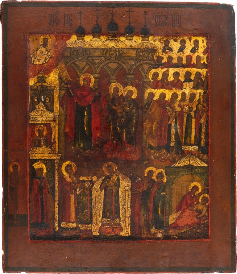 POKROW DER GOTTESMUTTER: POKROW DER GOTTESMUTTER Laubholzbrett, Tempera auf Kreidegrund, Nimben und Teile der Architektur vergoldet, Kovtscheg. Partiell besch., rest., 35 cm x 30,5 cm. Russland, um 1800. POKROW OF THE MOTHER 