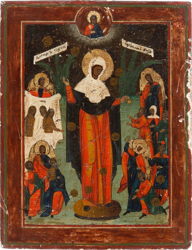 GOTTESMUTTER 'FREUDE ALLER LEIDENDEN' MIT GROSCHEN: GOTTESMUTTER 'FREUDE ALLER LEIDENDEN' MIT GROSCHEN Kleines Holzbrett. Tempera auf Kreidegrund, Nimben vergoldet. Partiell best., min. rest., 22,5 cm x 17,5 cm. Russland, Ende 19. Jh. MOTHER OF GOD 'JO
