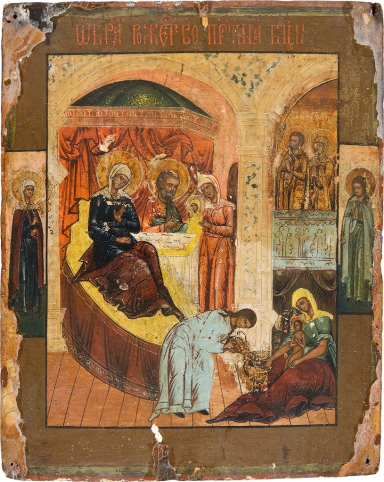 GEBURT DER GOTTESMUTTER: GEBURT DER GOTTESMUTTER Holzbrett. Tempera auf Kreidegrund, Nimben vergoldet. Partiell stark besch., 30 cm x 24,5 cm. Russland, 19. Jh. THE NATIVITY OF THE MOTHER OF GOD Wood, tempera on gesso ground,
